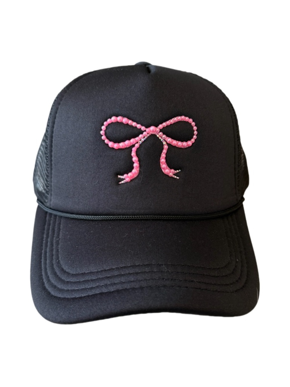 Black Trucker Hat with Pink Bow Accent